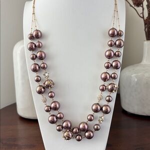 Napier Goldtone Double Row Chain,round brown metallic beads,rhinestone embellish